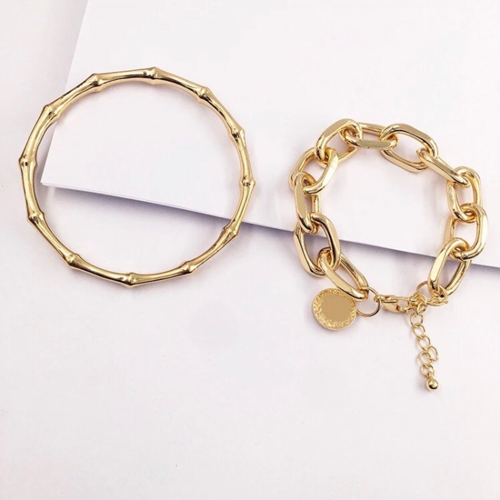 NEW 2/Pcs Set Gold Chain Punk Bangle Bracelet - Picture 7 of 7